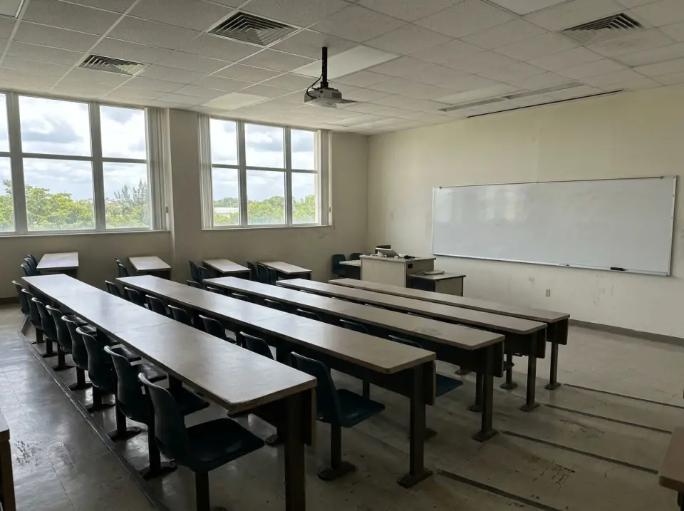 Illustration of an empty university classroom with rows of seats and a blank whiteboard, daylight from side windows