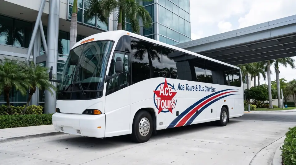 Illustration of a white Ace Tours coach at the glass entrance of a modern Fort Lauderdale office building lined with palms