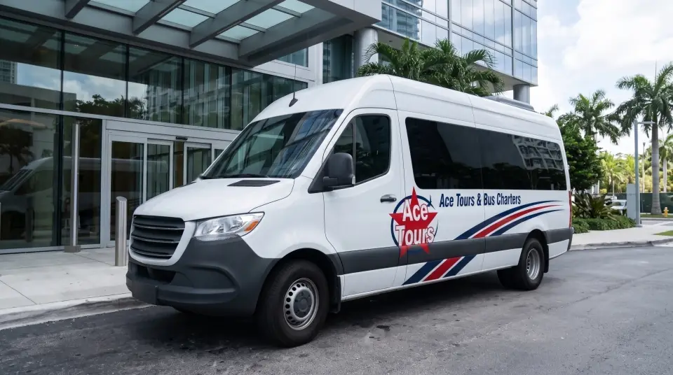 Illustration of a white Ace Tours & Bus Charters Sprinter-style van parked at the glass entrance of a modern Brickell office tower in Miami, with palms