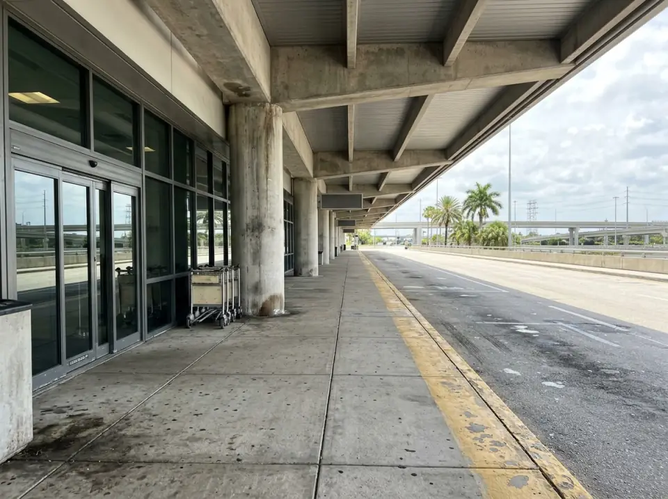 Illustration of an empty airport arrivals curb under a long concrete terminal canopy, luggage carts parked by the glass doors
