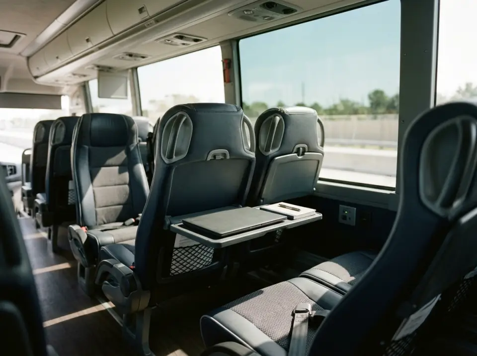 Illustration of the interior of a modern motorcoach with a fold-down tray holding a closed laptop, a USB outlet and clean empty seats