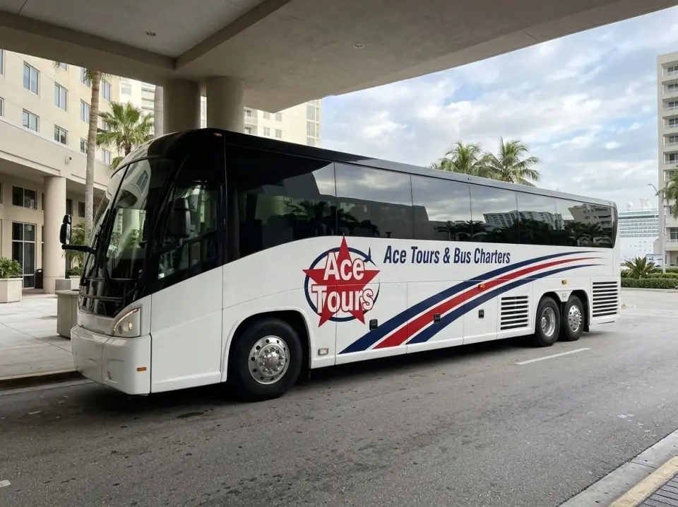 Illustration of a white Ace Tours & Bus Charters motorcoach waiting with its door open under a hotel porte-cochere in downtown Miami in the early morning