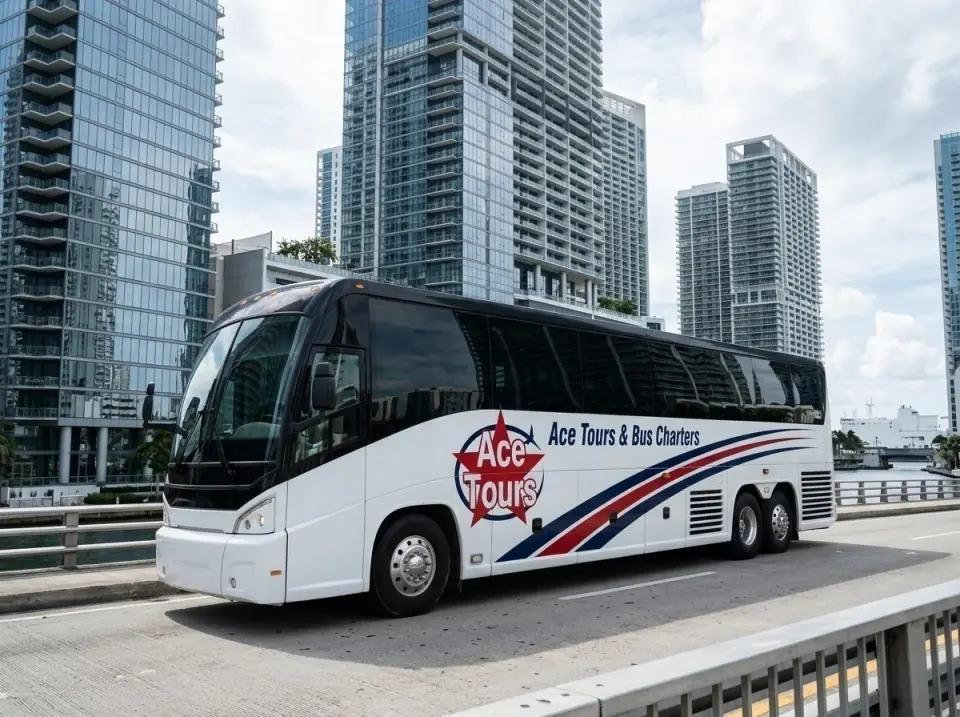 Illustration of a white Ace Tours & Bus Charters motorcoach on the Brickell Avenue bridge in Miami with glass towers around