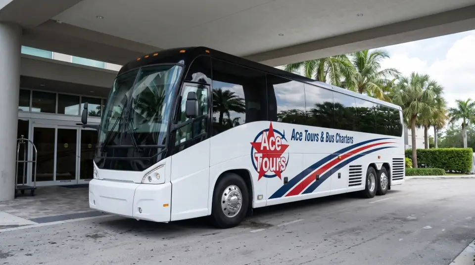 Illustration of a white Ace Tours & Bus Charters motorcoach under the covered entrance of a modern airport-area hotel in South Florida, glass doors and palms