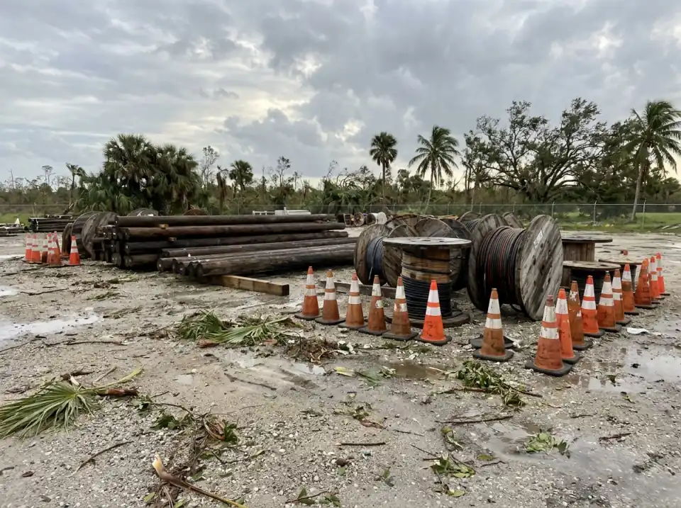 Illustration of a gravel storm staging yard after a hurricane, stacked wooden utility poles, large cable reels and rows of orange cones under clearing grey clouds