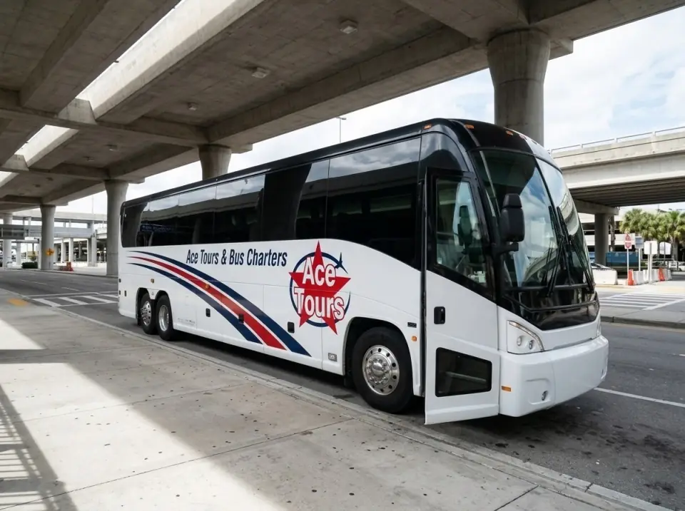 Illustration of a white Ace Tours & Bus Charters motorcoach with its door open at an airport ground transportation curb under a long concrete canopy