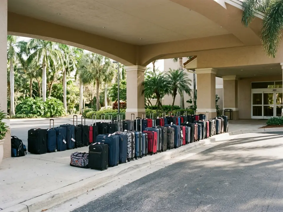 Illustration of dozens of suitcases lined up in neat rows on a hotel curb under a canopy with palms, waiting for a group transfer