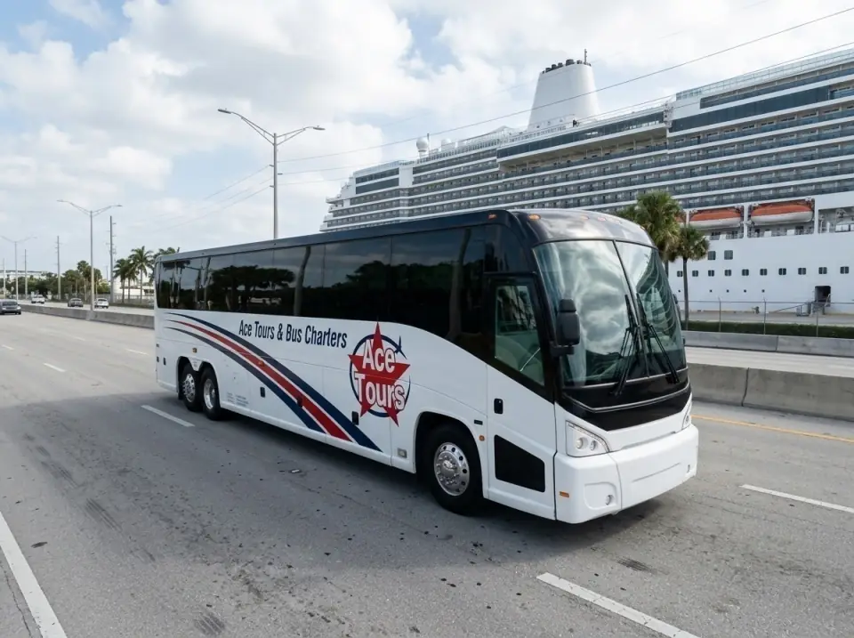 Illustration of an Ace Tours motorcoach driving on Eisenhower Boulevard toward the cruise port, a cruise ship superstructure ahead