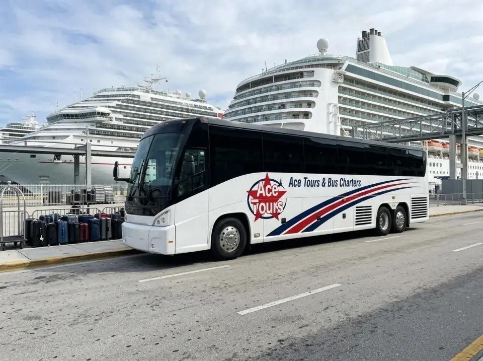 Illustration of an Ace Tours motorcoach at the PortMiami terminal curb, dozens of suitcases in rows and cruise ships behind