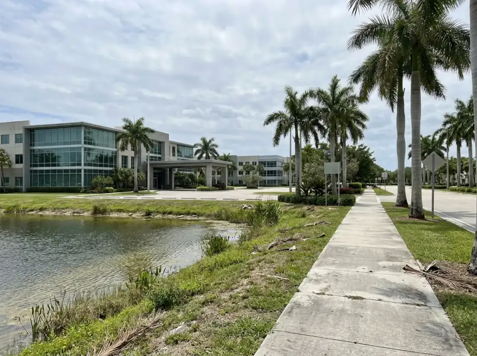 Illustration of a Doral business park with glass-fronted office buildings, royal palms, a sidewalk and a lake in the foreground