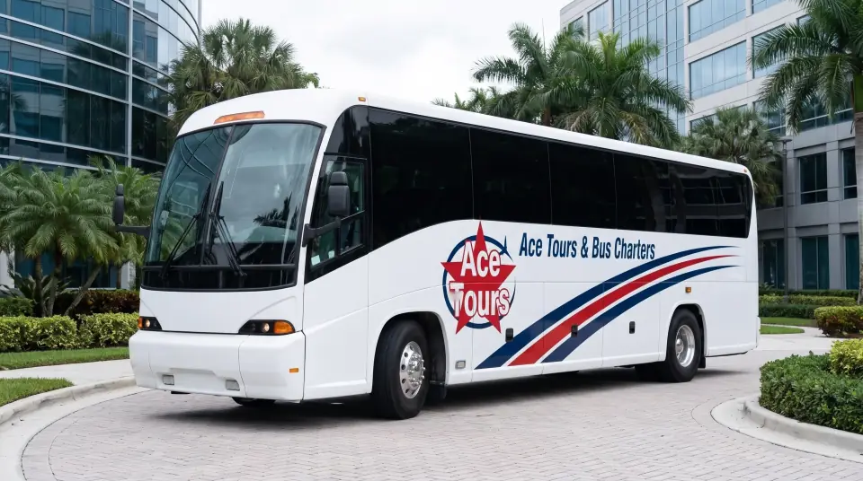 Illustration of a white Ace Tours & Bus Charters coach at the entrance of a modern suburban office campus in Sunrise, Florida in the early morning