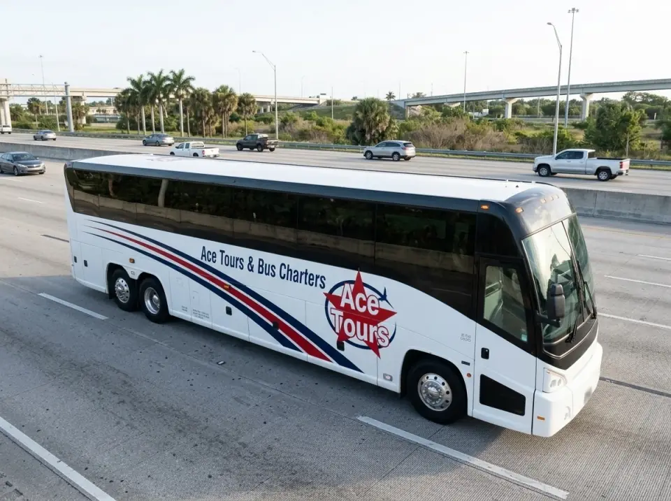 Illustration of a white Ace Tours & Bus Charters motorcoach on the Palmetto Expressway in Miami in the early morning, light traffic