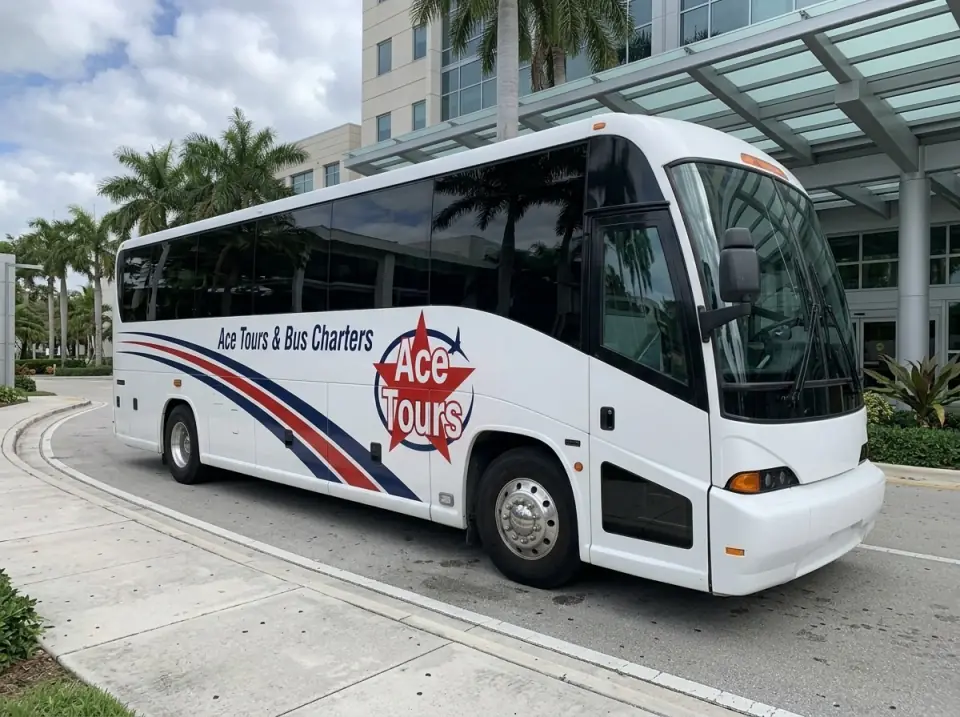 Illustration of a white Ace Tours & Bus Charters coach stopped in a hospital campus drop-off lane in Miami with palms and a glass entrance