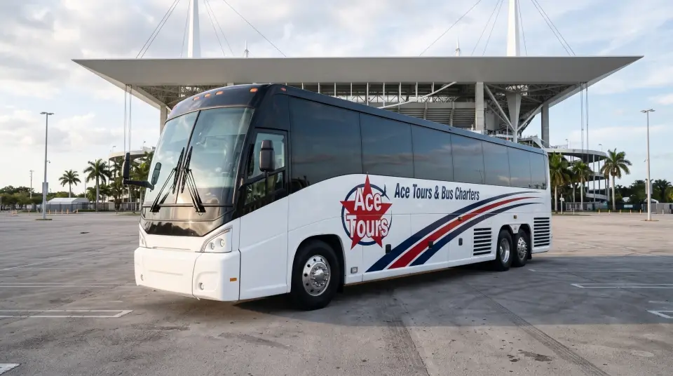 Illustration of a white Ace Tours & Bus Charters motorcoach in a large empty stadium parking lot in Miami Gardens in the late afternoon, a modern stadium with a plain white canopy roof in the distance