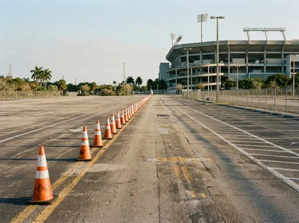 Illustration of orange traffic cones and an empty coach loading lane in a large stadium parking lot in the afternoon