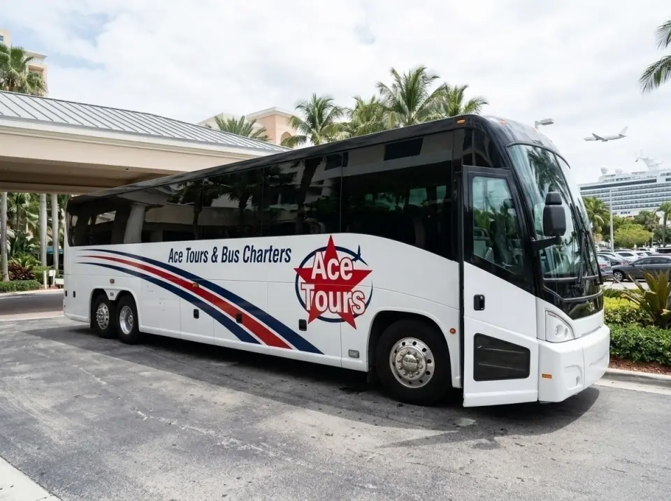 Illustration of a white Ace Tours & Bus Charters motorcoach waiting at a Fort Lauderdale hotel driveway with its door open