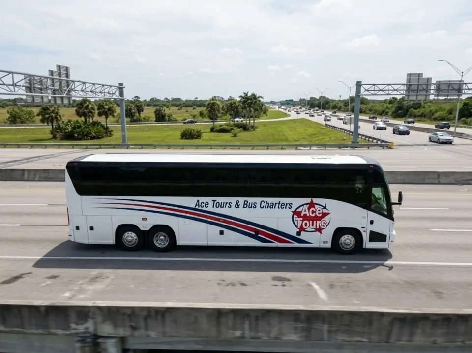 Illustration of a white Ace Tours & Bus Charters motorcoach driving on the Florida Turnpike toward Miami Gardens, seen side-on from a low drone angle