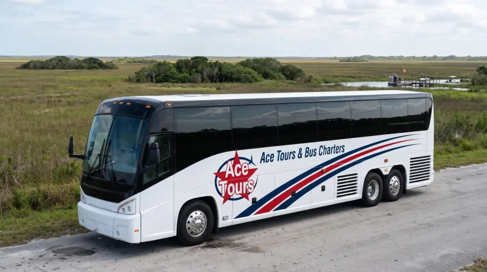 Illustration of a white Ace Tours & Bus Charters motorcoach parked at the edge of the Everglades, flat sawgrass prairie and tree islands behind it and an airboat dock in the distance