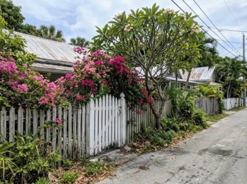 Illustration of a white picket gate under pink bougainvillea and a frangipani tree beside a quiet Key West lane with tin roofs behind