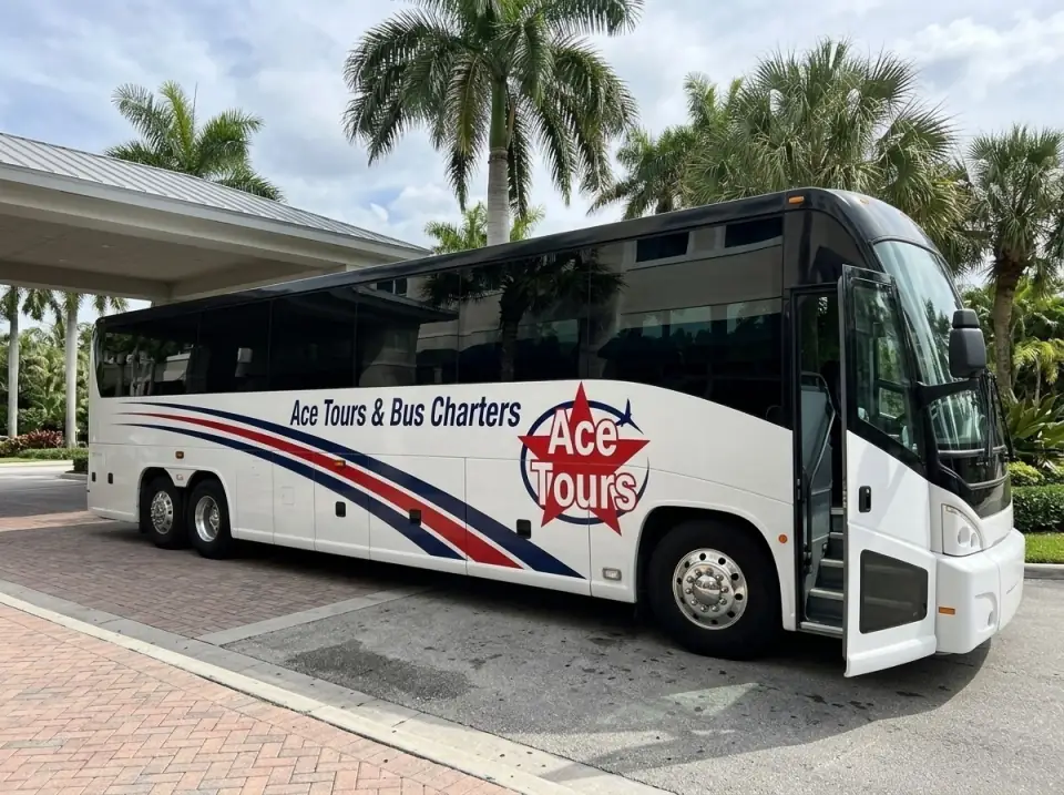 Illustration of a white Ace Tours & Bus Charters motorcoach waiting with its door open in a palm-lined hotel driveway in Fort Lauderdale