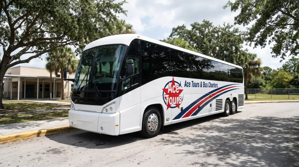 Illustration of a white Ace Tours & Bus Charters motorcoach parked in the bus loop of a South Florida elementary school under large shade trees