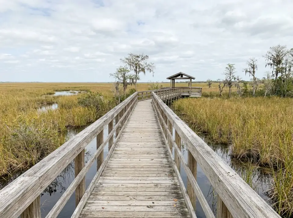 Illustration of a wooden boardwalk crossing a sawgrass marsh in the Everglades toward a small shade pavilion