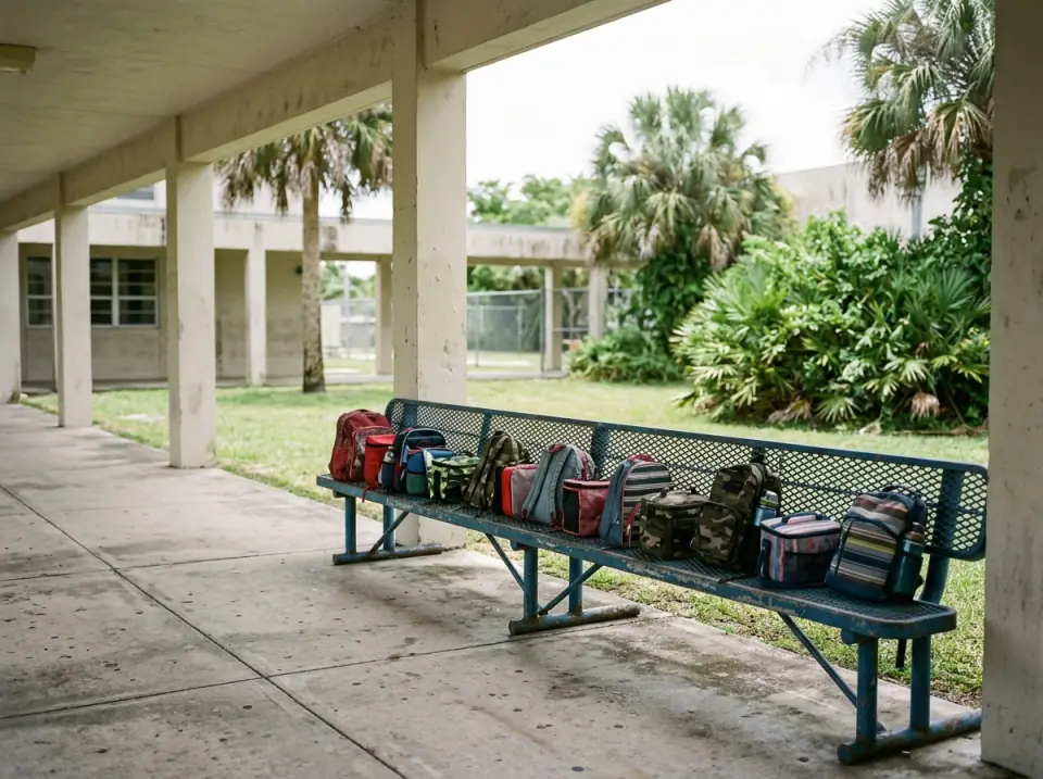 Illustration of a row of small backpacks and lunch bags lined up on a school bench under a covered walkway
