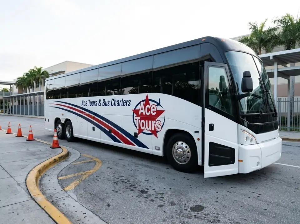Illustration of a white Ace Tours & Bus Charters motorcoach waiting in a school bus loop in the morning with its door open and orange traffic cones along the curb