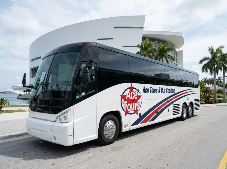 Illustration of a white Ace Tours & Bus Charters motorcoach parked at a modern white science museum on the Miami waterfront with palm trees