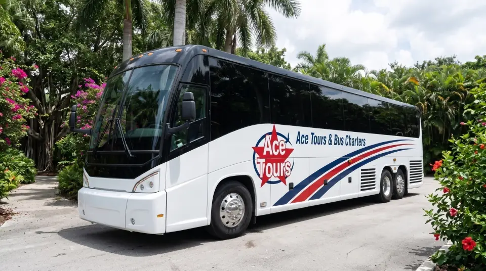 Illustration of a white Ace Tours & Bus Charters motorcoach parked at the entrance of a lush botanical garden in Davie, Florida, with giant tropical trees and flowering plants