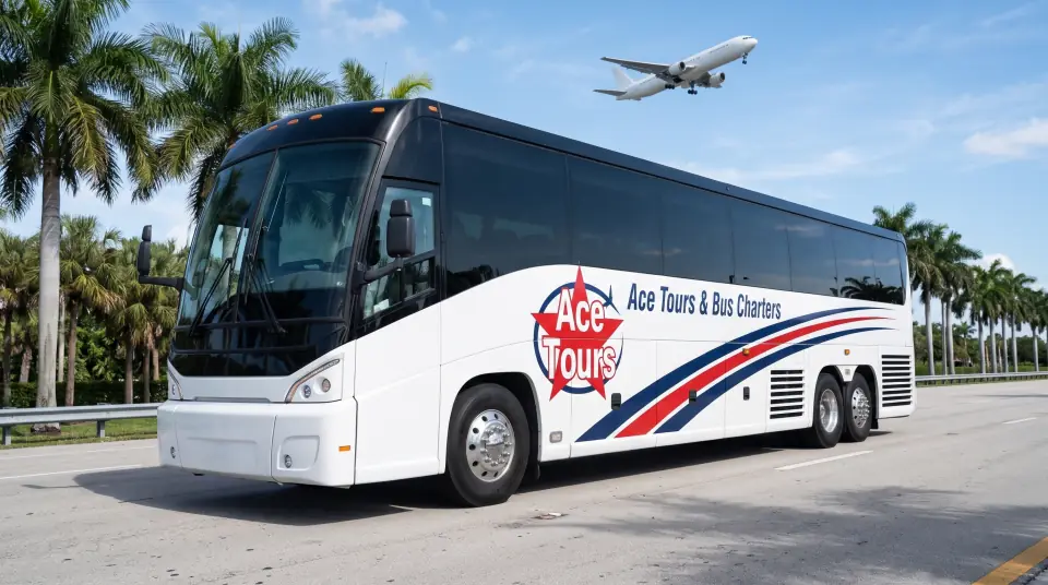 Illustration of an Ace Tours motorcoach on a palm-lined Fort Lauderdale airport exit road, a plain white jet climbing in the blue sky behind
