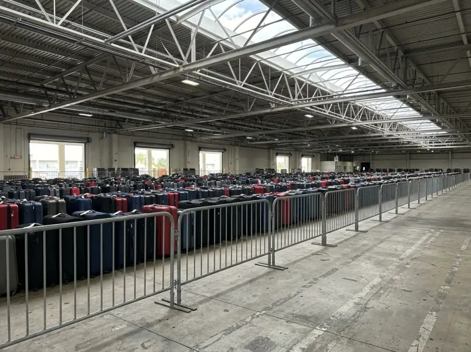 Illustration of rows of suitcases lined up between metal barriers in the high-ceilinged baggage hall of a cruise terminal