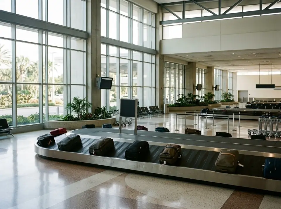Illustration of a bright modern Florida airport baggage claim, suitcases circling on the carousel under tall glass