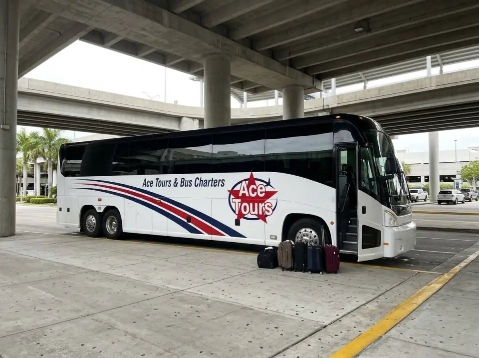 Illustration of an Ace Tours motorcoach at the Fort Lauderdale airport arrivals curb under the concrete canopy, door open, suitcases waiting