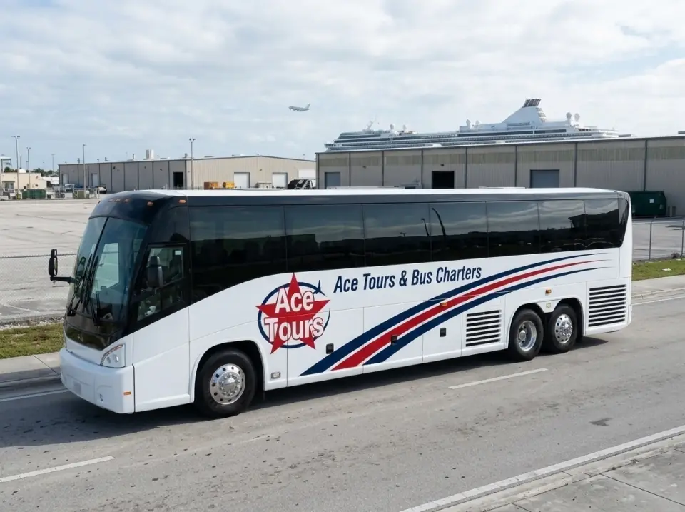 Illustration of an Ace Tours motorcoach on the connector road between the airport and Port Everglades, a cruise ship funnel ahead
