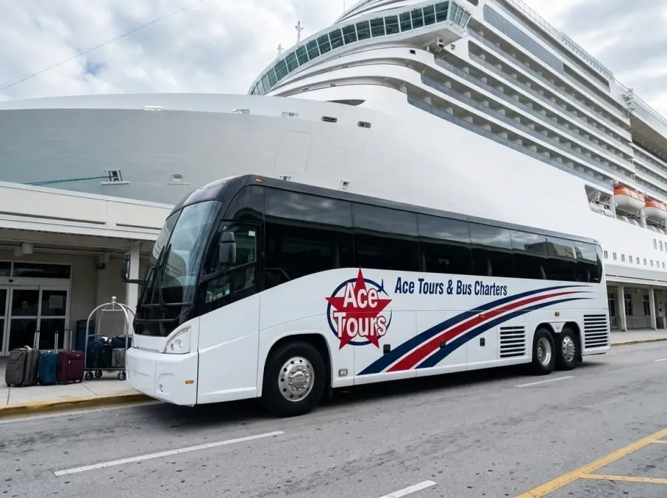 Illustration of an Ace Tours motorcoach beside a Port Everglades terminal entrance, suitcases on the curb, a cruise ship hull towering behind