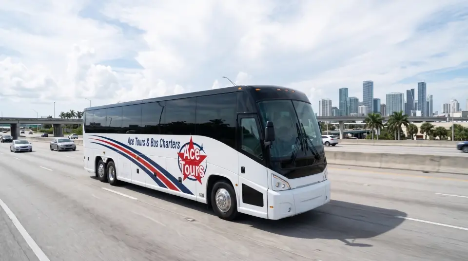 Illustration of an Ace Tours motorcoach driving south on I-95 toward the Miami skyline under tall white clouds