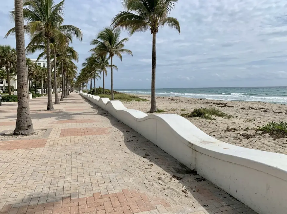 Illustration of the Fort Lauderdale beachfront promenade with its low white wave wall, a row of palms and the beach and ocean beside it