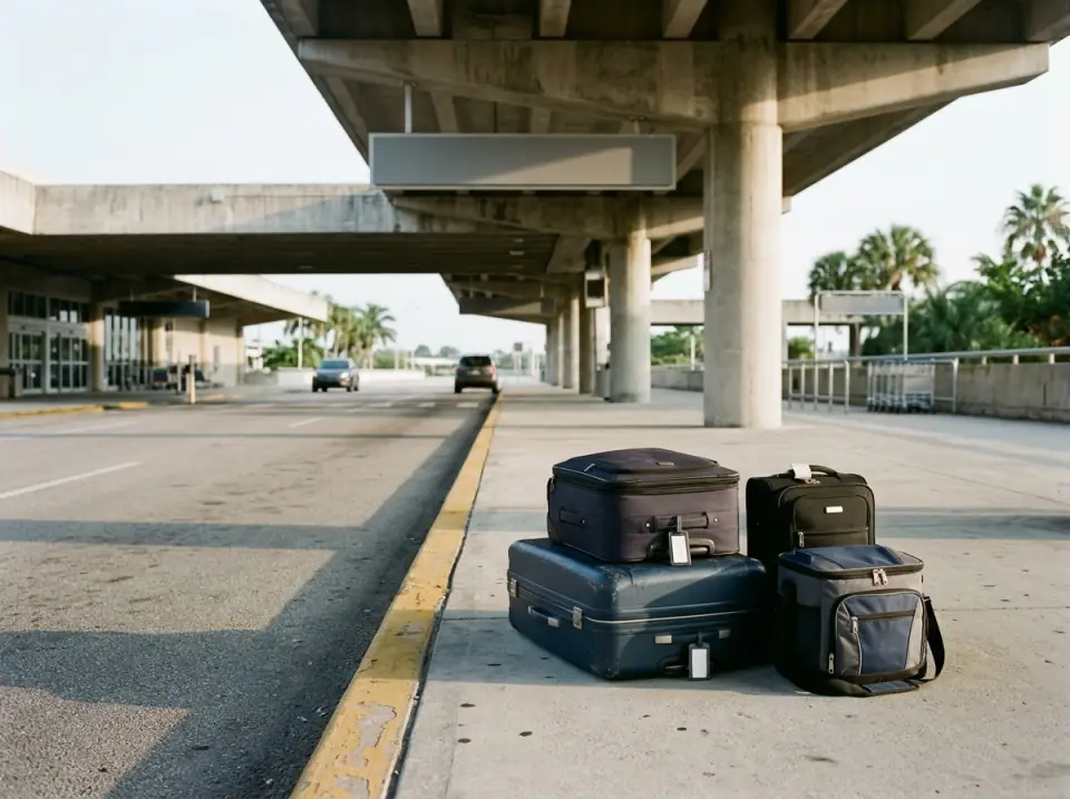 Illustration of a neat stack of suitcases and a cooler bag on a Fort Lauderdale airport curb under the concrete canopy in early morning light