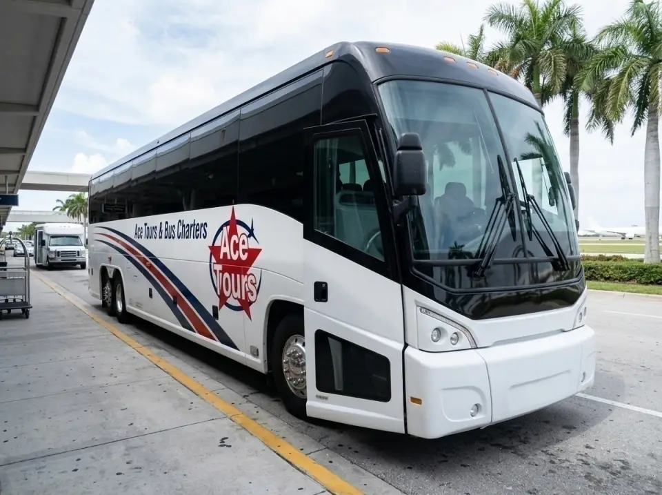 Illustration of an Ace Tours motorcoach at the Fort Lauderdale airport arrivals curb, door open, palms beyond the road