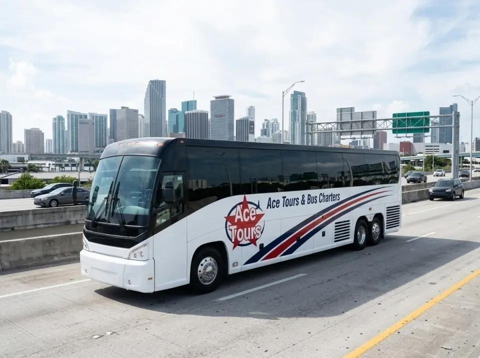 Illustration of an Ace Tours motorcoach on the elevated I-95 lanes approaching downtown Miami, the skyline close ahead
