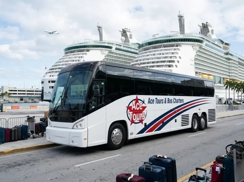 Illustration of an Ace Tours motorcoach in the PortMiami drop-off lane, suitcases on the curb and two cruise ships behind