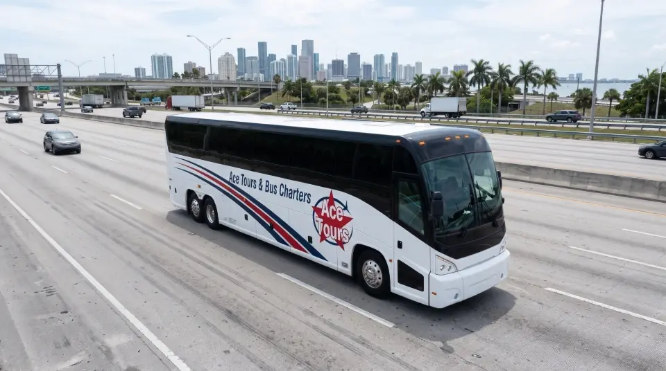 Illustration of an Ace Tours motorcoach on I-95 between Fort Lauderdale and Miami, the Miami skyline on the horizon