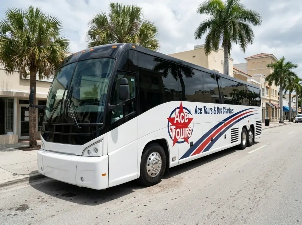 Illustration of an Ace Tours motorcoach parked on a palm-lined Las Olas Boulevard side street in Fort Lauderdale, door open