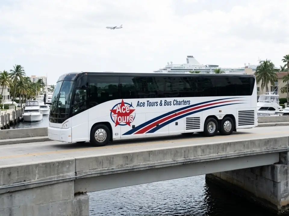 Illustration of an Ace Tours motorcoach crossing a low bridge over a Fort Lauderdale canal, white boats moored along the seawall