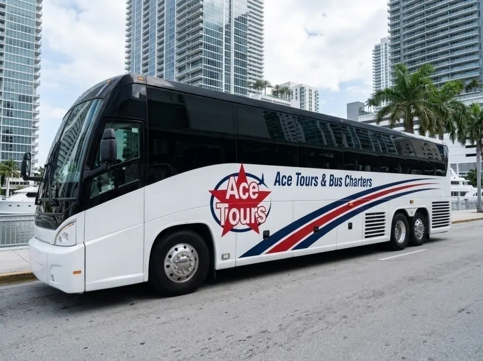 Illustration of an Ace Tours motorcoach parked at the curb on a Brickell street in Miami, glass towers behind