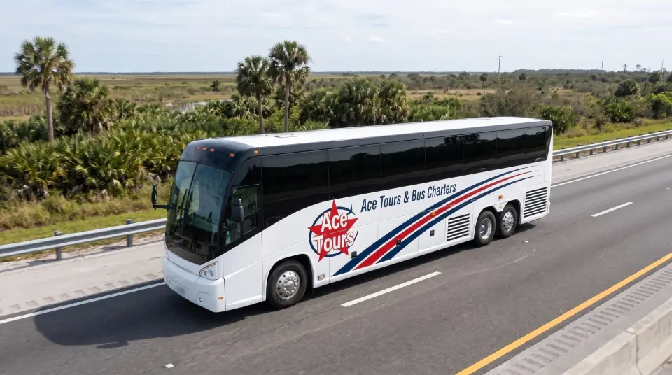 Illustration of an Ace Tours motorcoach on I-95 on Florida's Space Coast heading north, flat wetlands and palms beside the road
