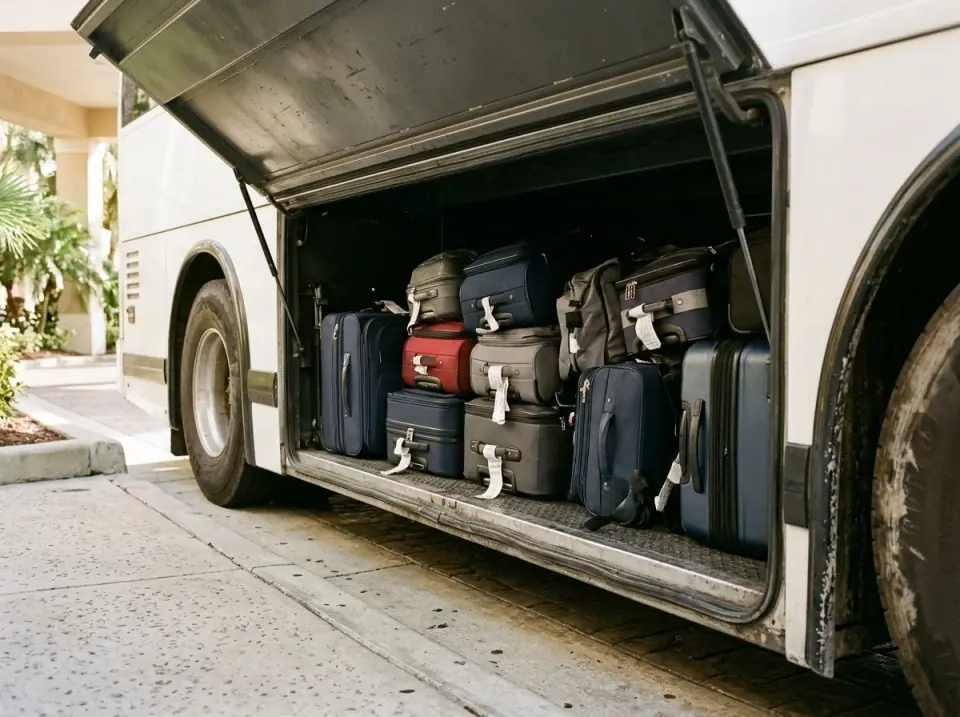 Illustration of suitcases stacked inside the open luggage bay of a motorcoach at a hotel curb, seen from low at the bay opening