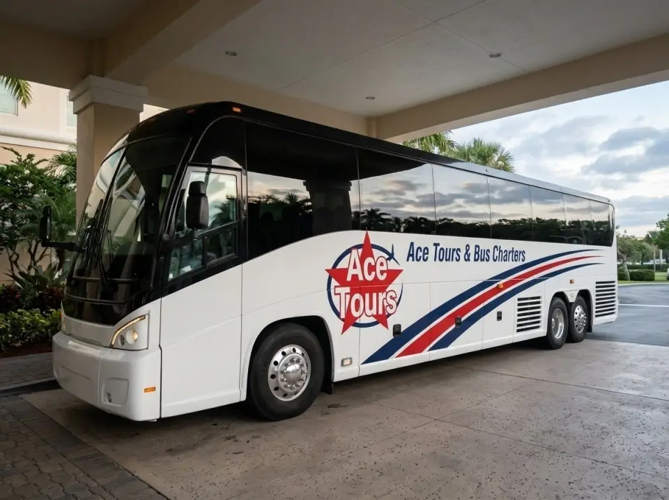 Illustration of an Ace Tours motorcoach waiting under a Fort Lauderdale hotel porte-cochere at dawn, door open