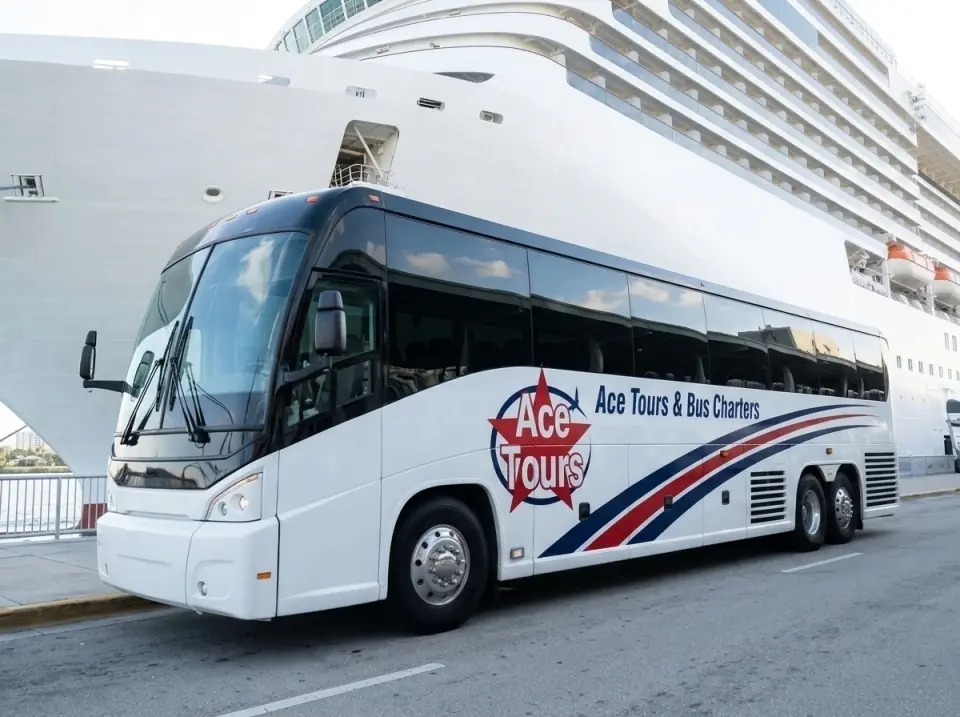 Illustration of an Ace Tours motorcoach at the Port Canaveral cruise terminal curb, a huge white cruise ship behind